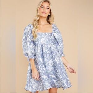 NWOT Storia Floral Damask Periwinkle Shimmer Babydoll Puff Sleeve Mini Dress